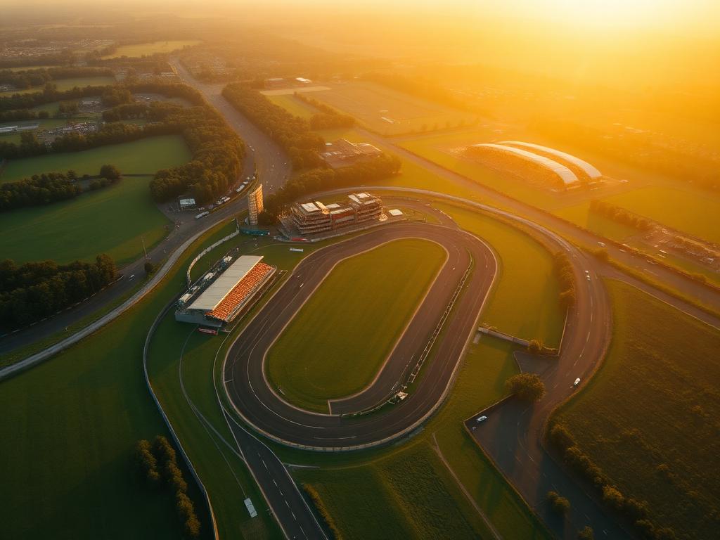 Aerial view of a racing circuit at golden hour