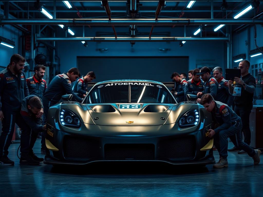 Race team crew working on a GT car